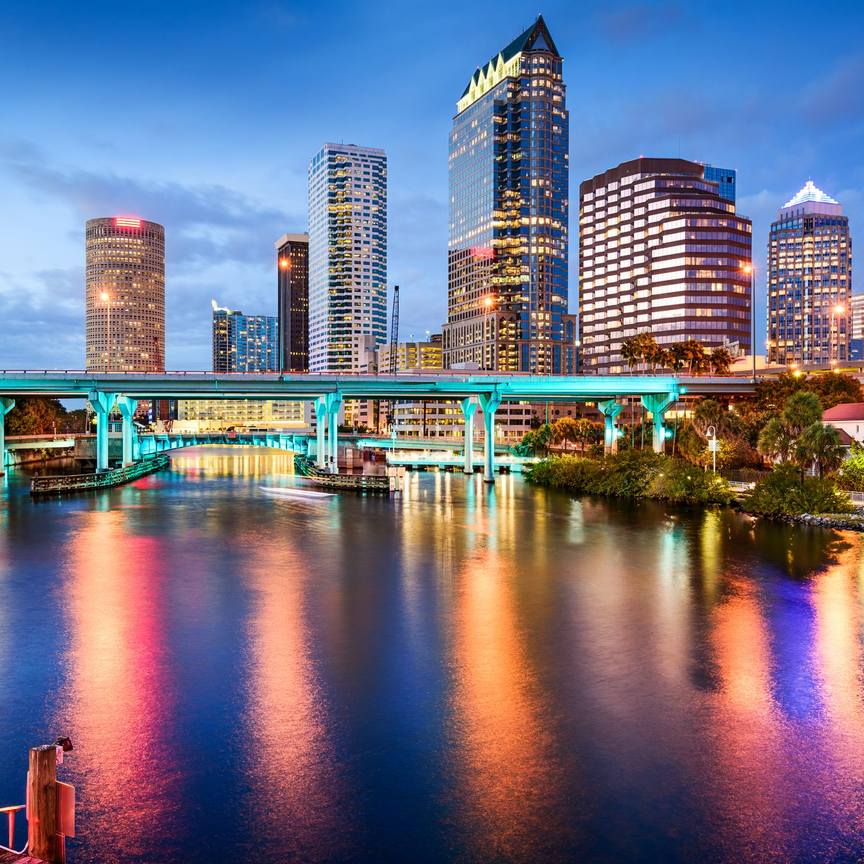 Downtown Tampa waterfront skyline at twilight