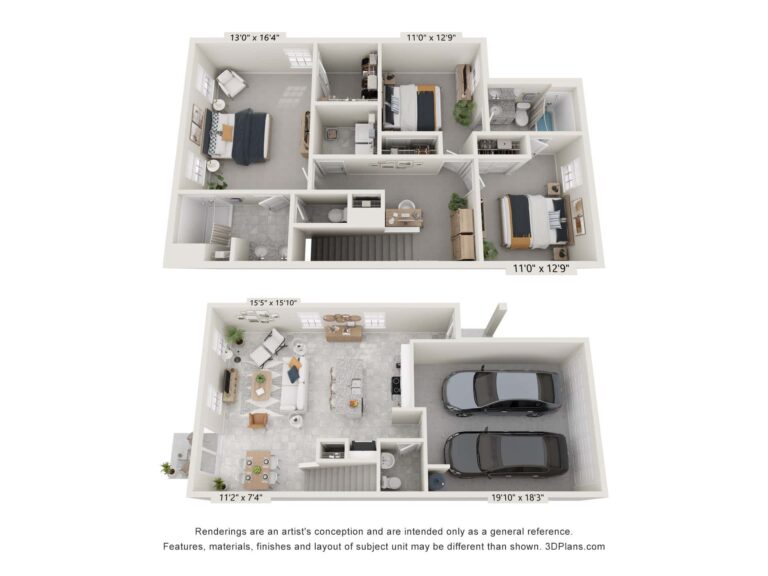 Oakville 3-bedroom, townhome floorplan layout with left-side front door next to 2-car garage